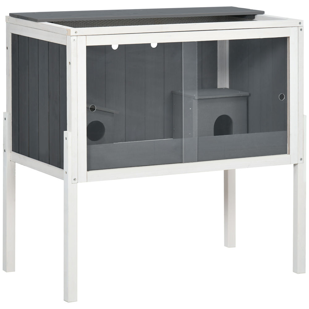 Pawhut gaiola para hamster de madeira 82x45x81cm casa para roedores com 2 portas de acrílico prateleira amovível 2 casas para animais pequenos cinza e branco