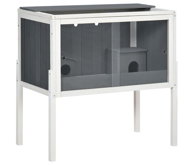 Pawhut gaiola para hamster de madeira 82x45x81cm casa para roedores com 2 portas de acrílico prateleira amovível 2 casas para animais pequenos cinza e