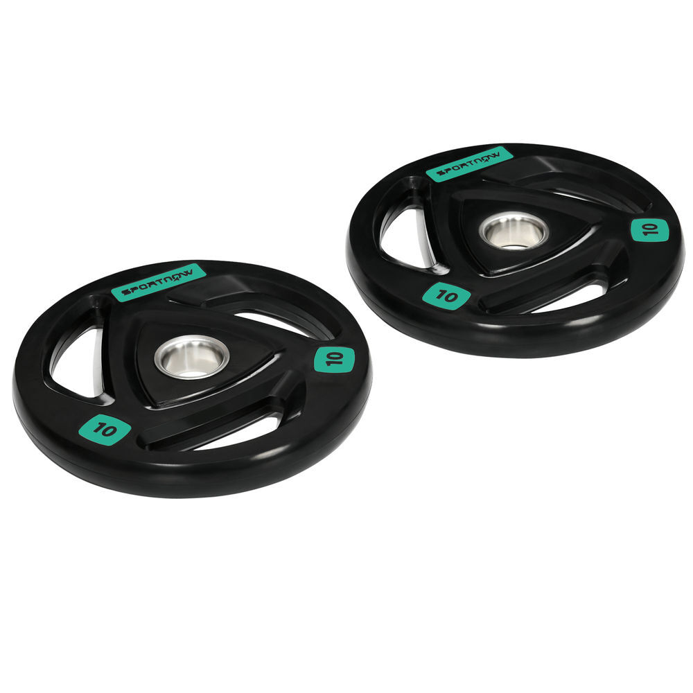 Sportnow conjunto de 2 discos de pesos olimpicos 10kg ferro fundido placas de peso revestido em borracha com orifício de 5cm para treinamento fitness em ginásio casa ø32x4cm noir