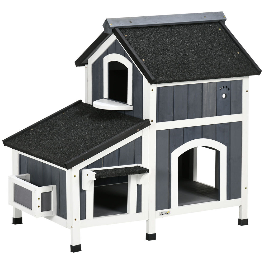 Pawhut casa para gatos de madeira com suporte para flores 96x65x85,5 cm casa para gatos de 2 níveis com teto asfáltico janela e múltiplas entradas