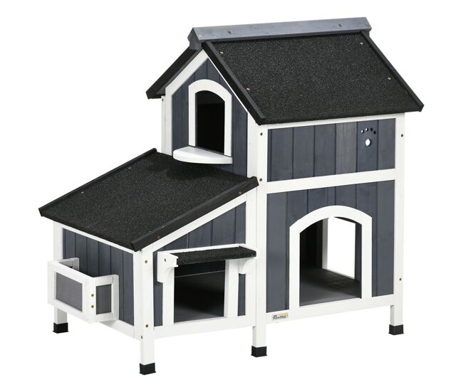 Pawhut casa para gatos de madeira com suporte para flores 96x65x85,5 cm casa para gatos de 2 níveis com teto asfáltico janela e múltiplas entradas