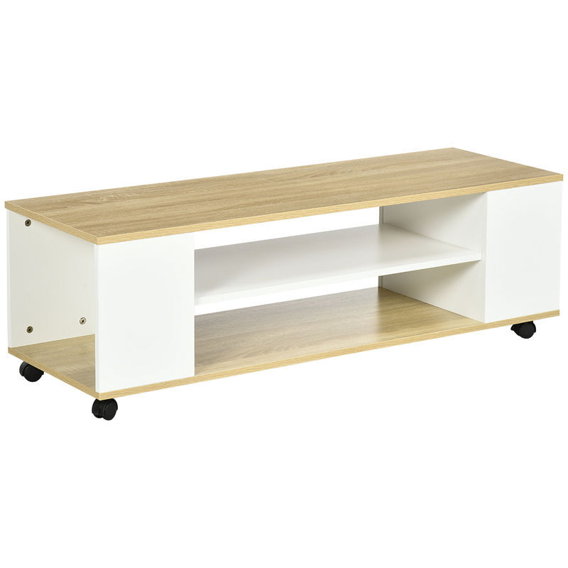 Homcom móvel para tv com rodas armário para tv flutuante com 2 portas e 2 prateleiras de armazenamento para televisores de até 55 polegadas para dormitório 120x40x38,5cm branco e madeira