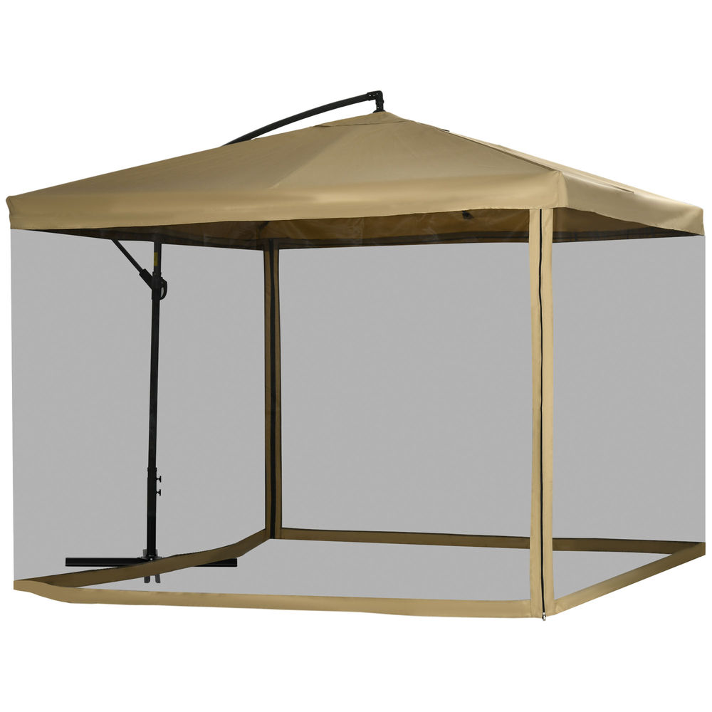 Outsunny chapéu de sol de jardim 295x295x260 cm chapéu de sol excêntrico com rede mosquiteira manivela base cruzada e suporte de aço para varanda