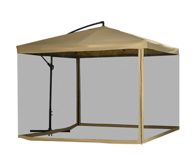 Outsunny chapéu de sol de jardim 295x295x260 cm chapéu de sol excêntrico com rede mosquiteira manivela base cruzada e suporte de aço para varanda