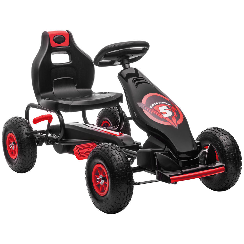Homcom kart a pedais para enfants 5-12 anos kart a pedais infantil com assento ajustável pneus insufláveis amortecimento e travão de mão carga máx. 50kg 121x58x61cm rouge