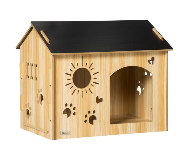 Pawhut casa de madeira para cães pequenos casa para animais de estimação com porta dianteira desenhos em forma de sol coração pata 69x50x58,5cm