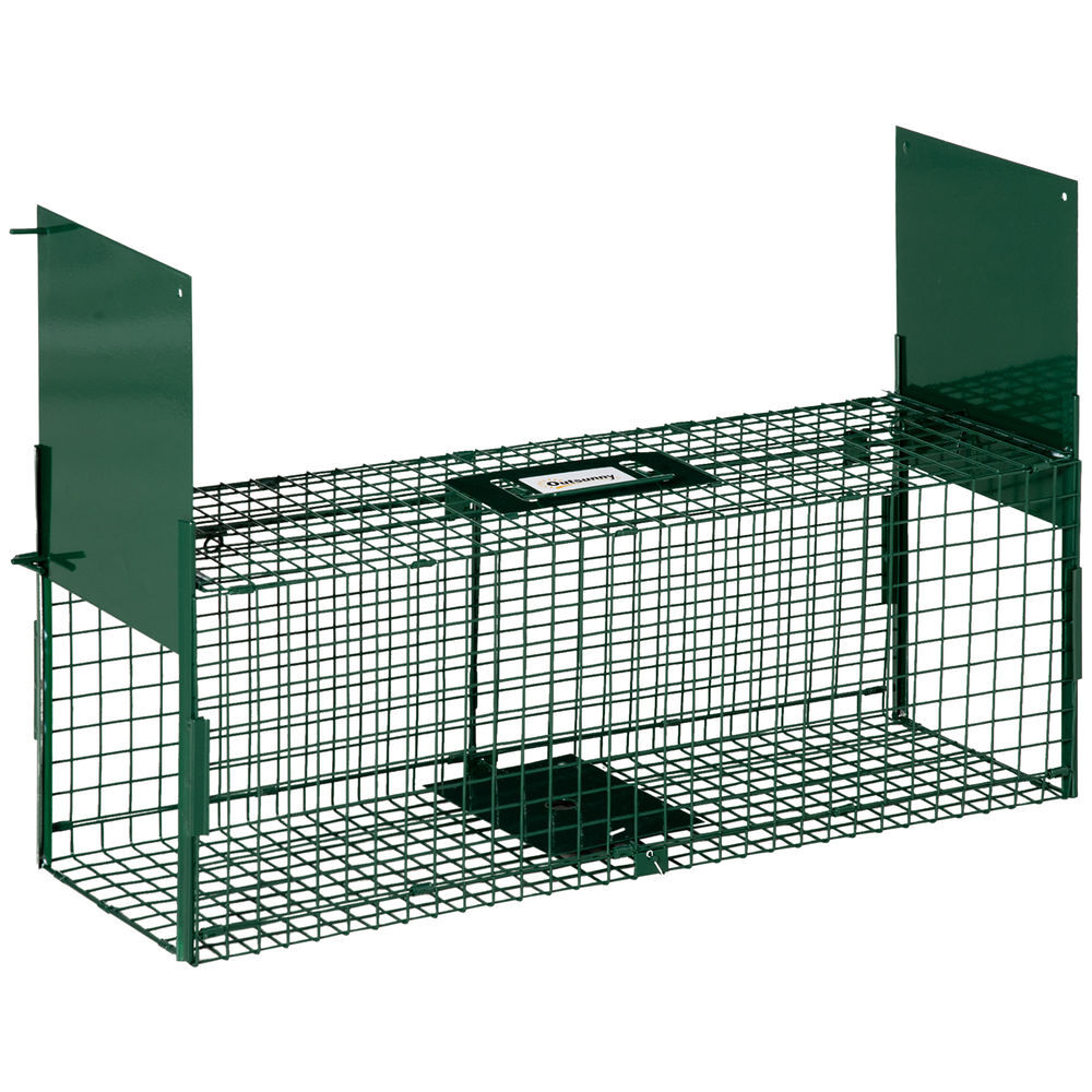 Outsunny armadilha para animais vivos com 2 portas gaiola metálica com alça para ratos e roedores 80x25x30 cm verde escuro
