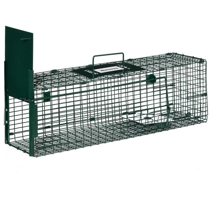 Outsunny armadilha para animais vivos com porta jaula metálica com pegador para ratos pequenos 60x18x20 cm verde escuro