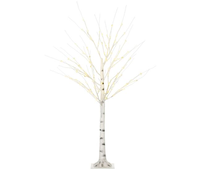 Homcom árvore de bétula altura 150cm com 96 luzes led ip44 branco quente ramos flexíveis e base de candeeiro árvore de decoração de natal para