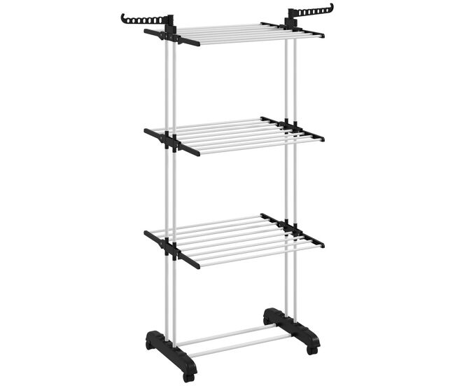 Homcom estendal dobrável para roupa com rodas estendal vertical de aço com 3 níveis laterais dobráveis carga máxima 70kg 73x64x177cm preto e branco