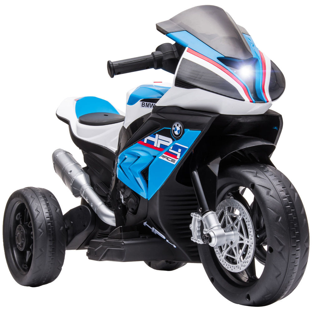Homcom mota elétrica bmw hp4 para crianças acima de 18 meses mota de bateria 6v com música usb velocidade 2,5km/h avance e retrocesso carga máxima 30kg 82,5x42x54cm azul