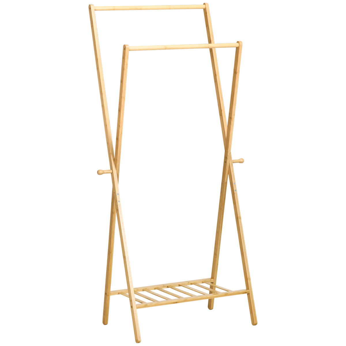 Homcom suporte para cabides de bambu porta cabides com étagère para sapatos 2 barras e 2 ganchos para corredor entrada dormitório 74x42x150 cm madeira