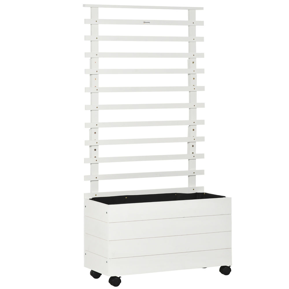 Outsunny floreira com treliça de madeira maciça com 4 rodas caixa de plantio com suporte para plantas trepadeiras e malha geotêxtil para cultivos de