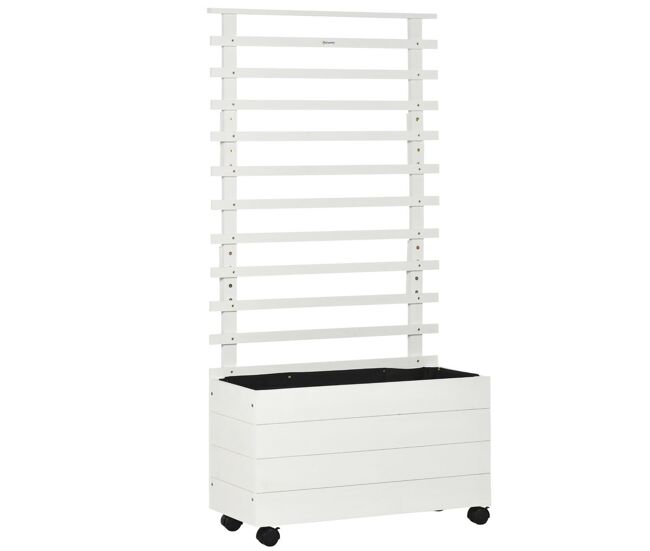 Outsunny floreira com treliça de madeira maciça com 4 rodas caixa de plantio com suporte para plantas trepadeiras e malha geotêxtil para cultivos de plantas flores 76x30x155 cm blanc