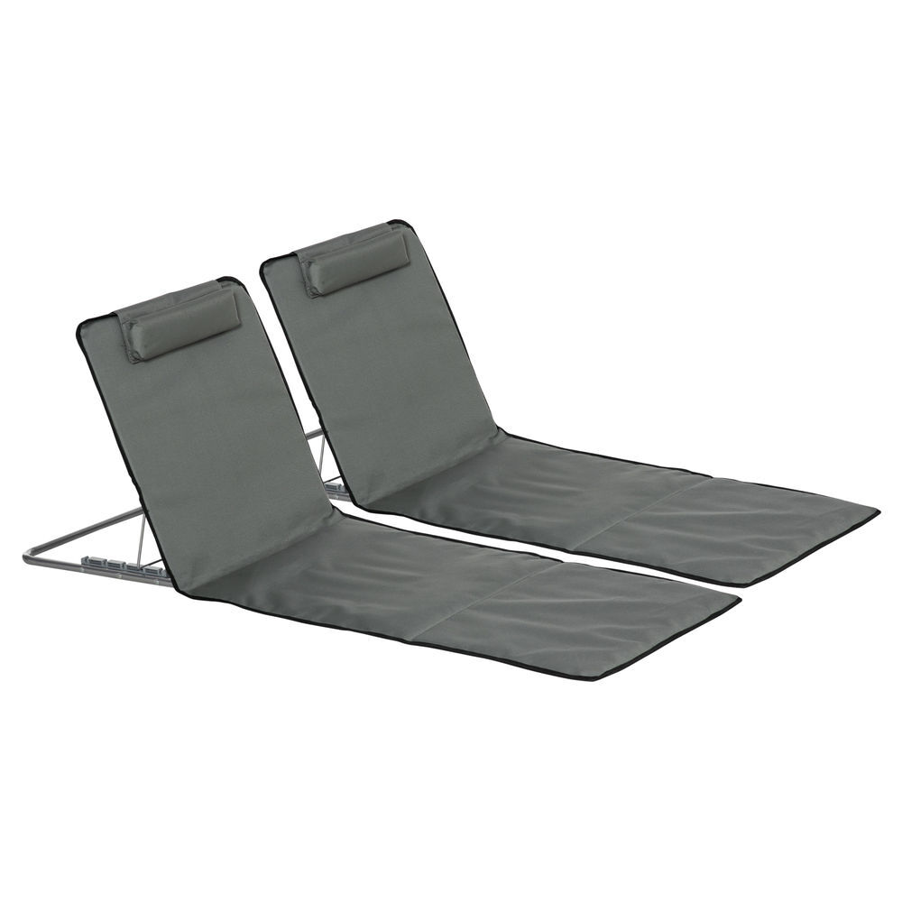 Outsunny conjunto de 2 esteiras de praia dobráveis 124x53x35-45 cm com encosto ajustável em 5 níveis e almofada de cabeça esteiras portáteis em tecido