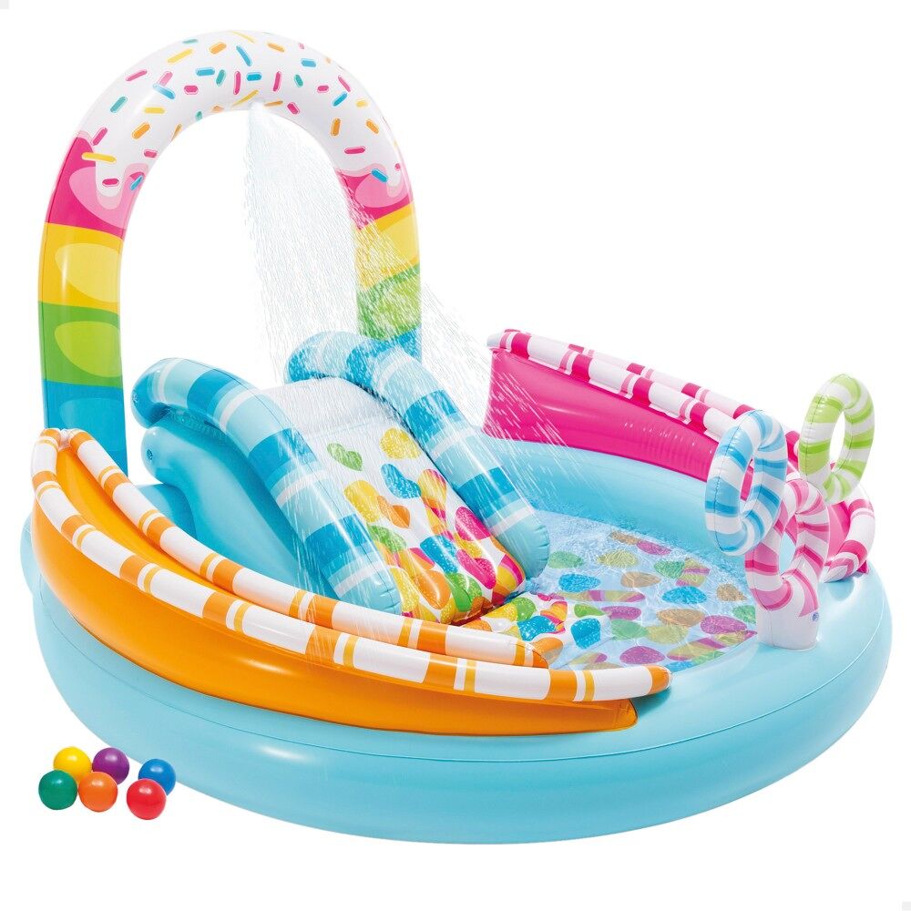 Piscina insuflável doces c/difusor, escorregador e jogos de bola INTEX