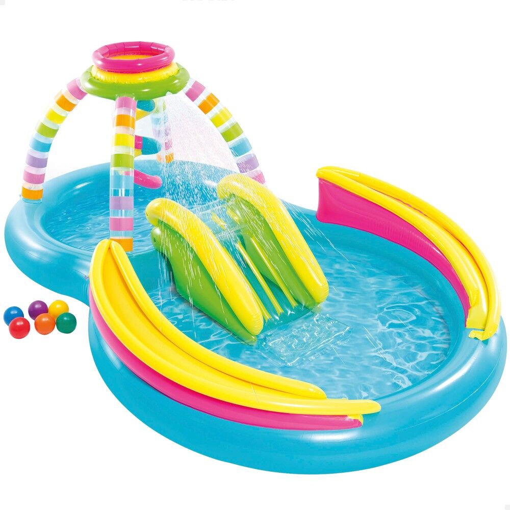 Piscina inflável multicolorida 2 em 1 com escorrega, difusor e jogo de bola intex