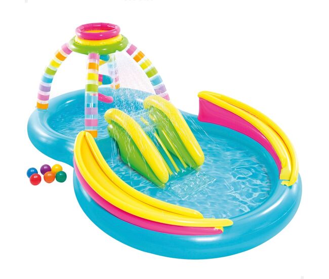 Piscina inflável multicolorida 2 em 1 com escorrega, difusor e jogo de bola intex