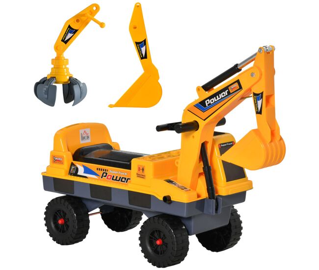 Homcom escavadora infantil sem pedais para enfants de 2-3 anos carro andador com pá pinça de agarrar luzes música e armazenamento oculto 90x28x58cm jaune