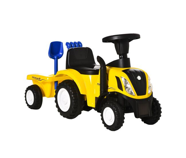 Homcom trator para enfants de 12-36 meses com reboque removível carro andador com buzina farol pá e ancinho carga 25kg 91x29x44cm jaune