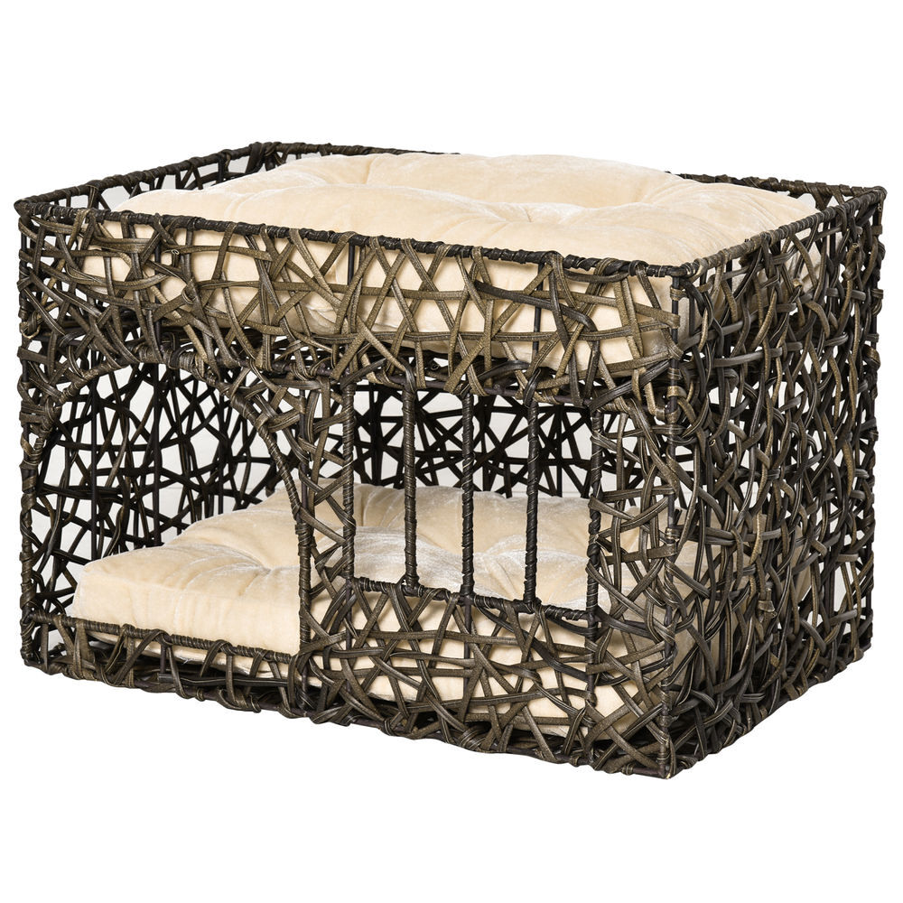 Pawhut cesta de vime para gatos de 2 alturas cama caverna de gatos com 2 almofadas suaves e janela 56x41x45cm café escuro