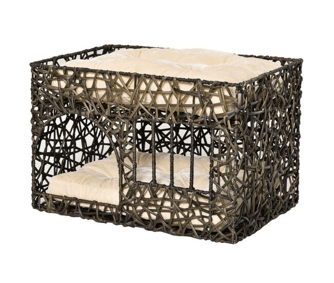 Pawhut cesta de vime para gatos de 2 alturas cama caverna de gatos com 2 almofadas suaves e janela 56x41x45cm café escuro