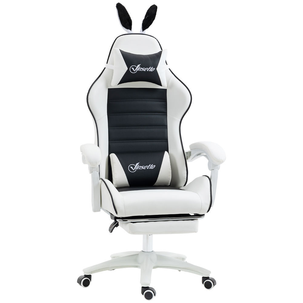 Vinsetto cadeira gaming profissional cadeira gamer giratória de couro pu com altura ajustável inclinável 135° apoio para a cabeça e apoio para os pés para escritório 65x63x136-142 cm branco e preto