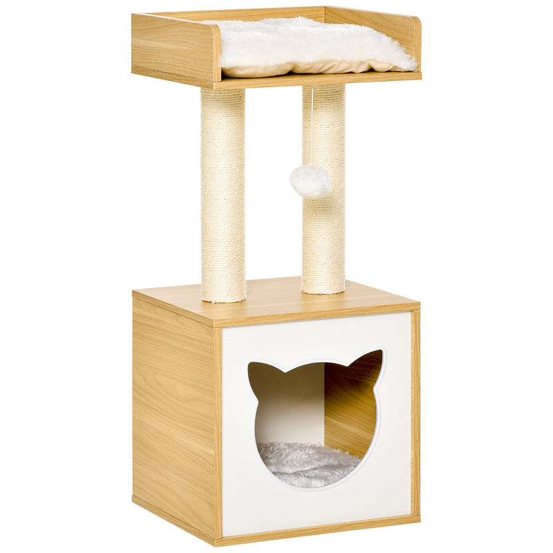 Pawhut árvore para gatos de 2 níveis com caverna superior postes arranhadores de sisal natural almofadas laváveis e bola de brinquedo 35x35x81cm