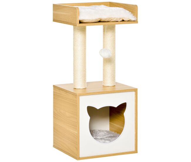 Pawhut árvore para gatos de 2 níveis com caverna superior postes arranhadores de sisal natural almofadas laváveis e bola de brinquedo 35x35x81cm