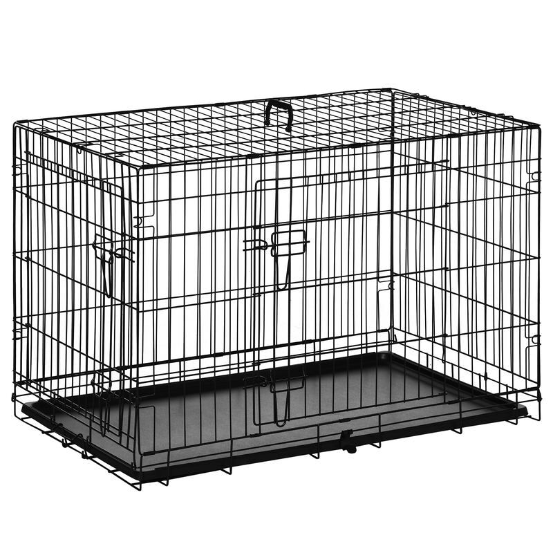 Pawhut jaula dobrável para cães de médio e grande porte com 2 portas, tabuleiro removível, pega e estrutura de aço 90x57,5x62 cm preta