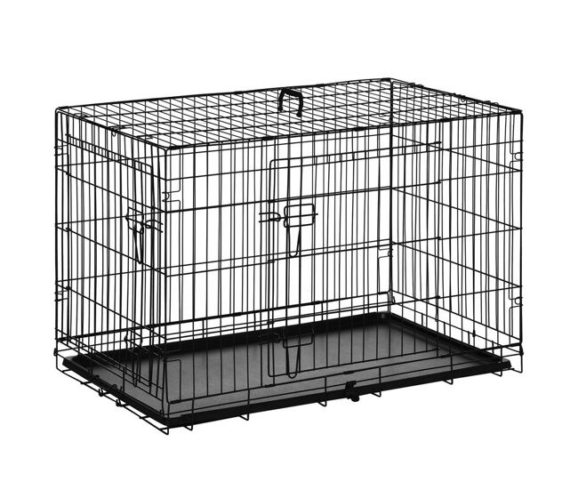 Pawhut jaula dobrável para cães de médio e grande porte com 2 portas, tabuleiro removível, pega e estrutura de aço 90x57,5x62 cm preta