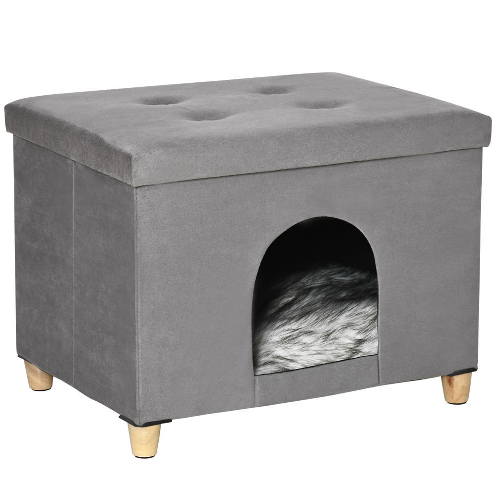 Pawhut caverna para gatos 2 em 1 banco para apoio dos pés com tampa removível orifício de entrada almofada lavável e pés elevados de madeira para