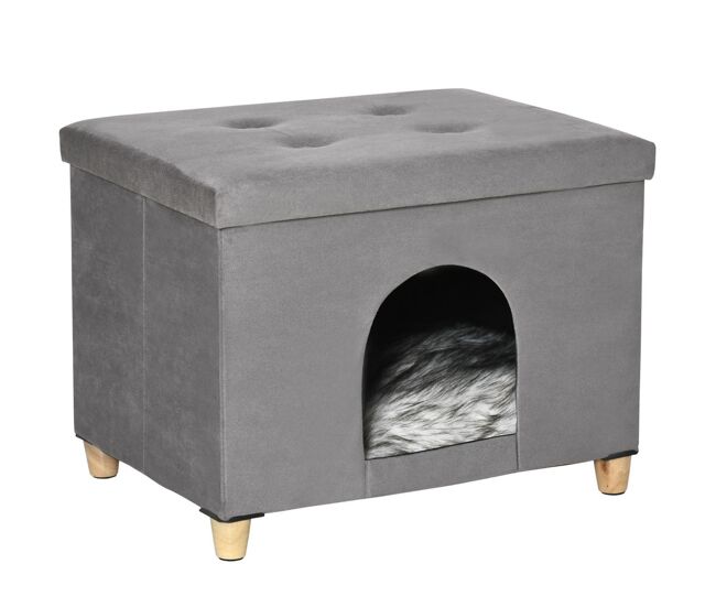 Pawhut caverna para gatos 2 em 1 banco para apoio dos pés com tampa removível orifício de entrada almofada lavável e pés elevados de madeira para