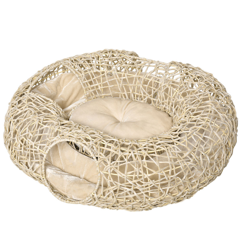 Pawhut cama para gatos de vime pe 78x69x22cm cama para gatos com almofada suave 3 orifícios de acesso e canal em forma de anel natural