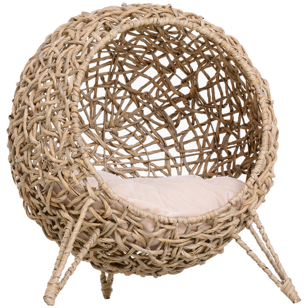 Pawhut cama para gatos em vime sintético caverna para animais de estimação com base de tripé almofada com pelúcia e algodão suave desenho elevado