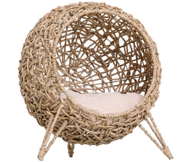Pawhut cama para gatos em vime sintético caverna para animais de estimação com base de tripé almofada com pelúcia e algodão suave desenho elevado