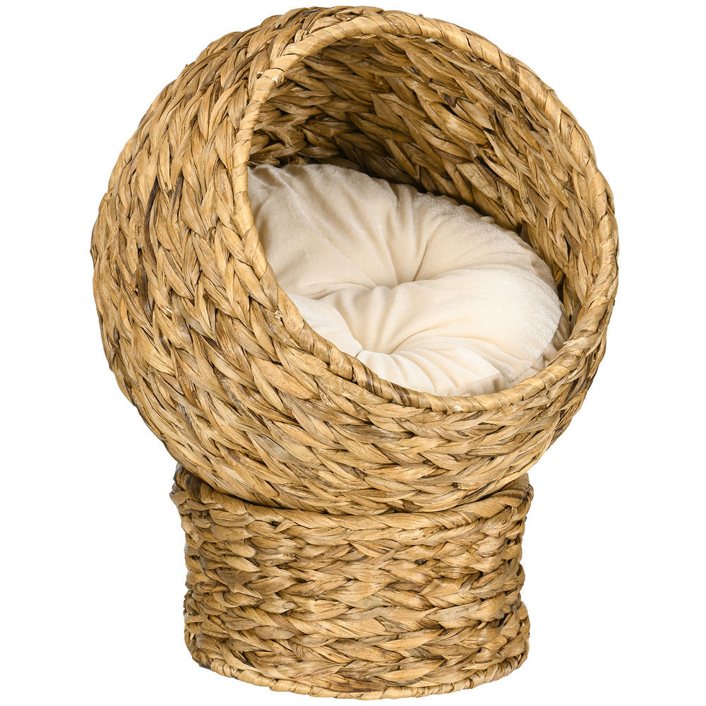 Pawhut cama para gatos de fibra vegetal caverna para gatos desmontável com almofada amovível 42x33x52 cm marrom claro e bege