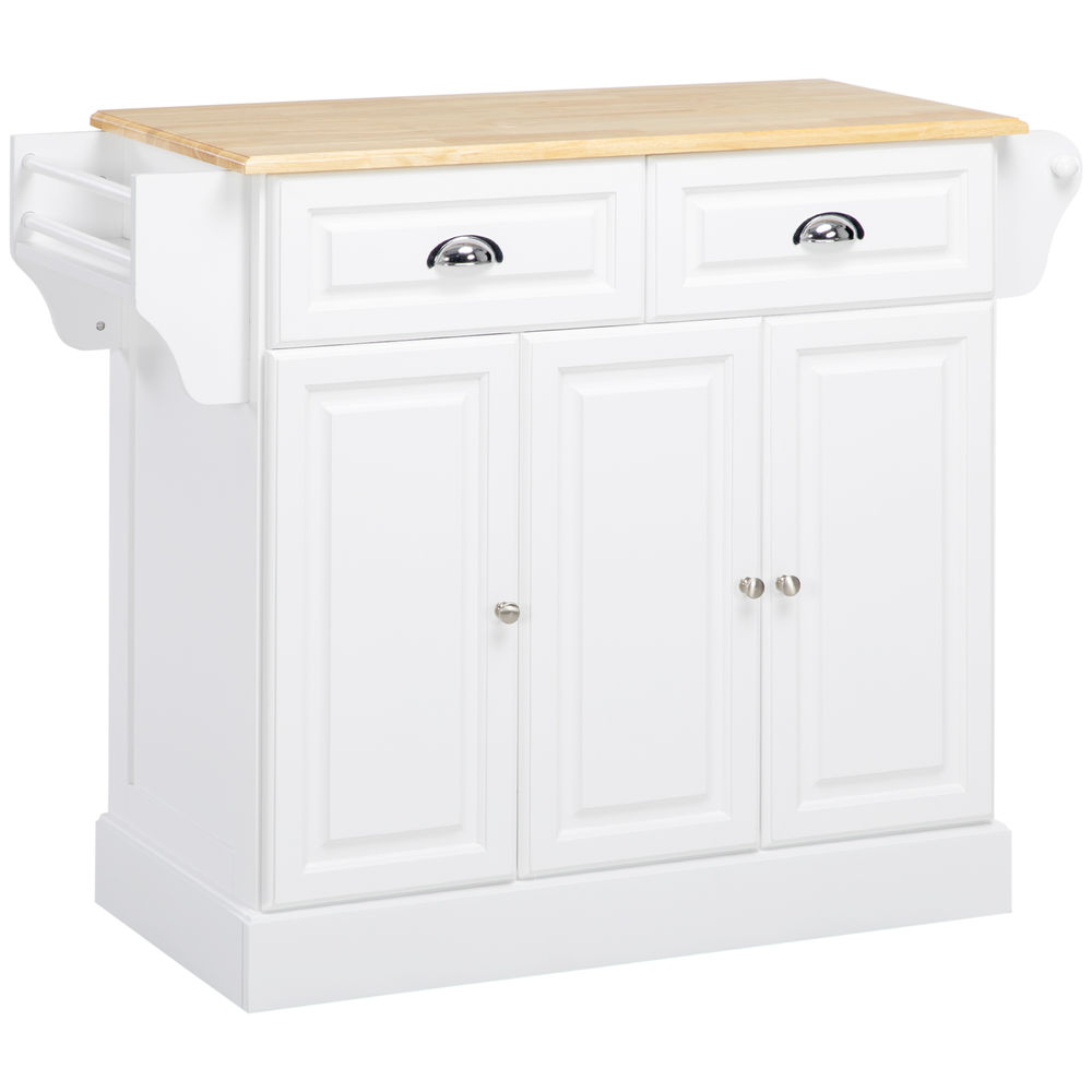 Homcom carrinho de cozinha ilha de cozinha com rodas móvel multifuncional com 2 gavetas 3 armários suporte para panos e para temperos para sala de jantar 110x45x89cm branco