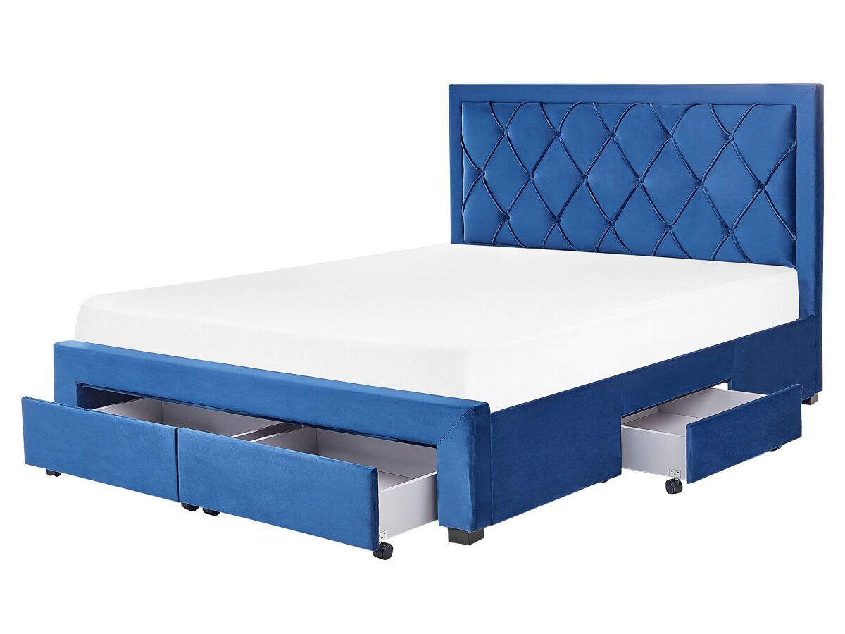 Beliani Cama con cajones Terciopelo LIEVIN 165x217 Azul Marino
