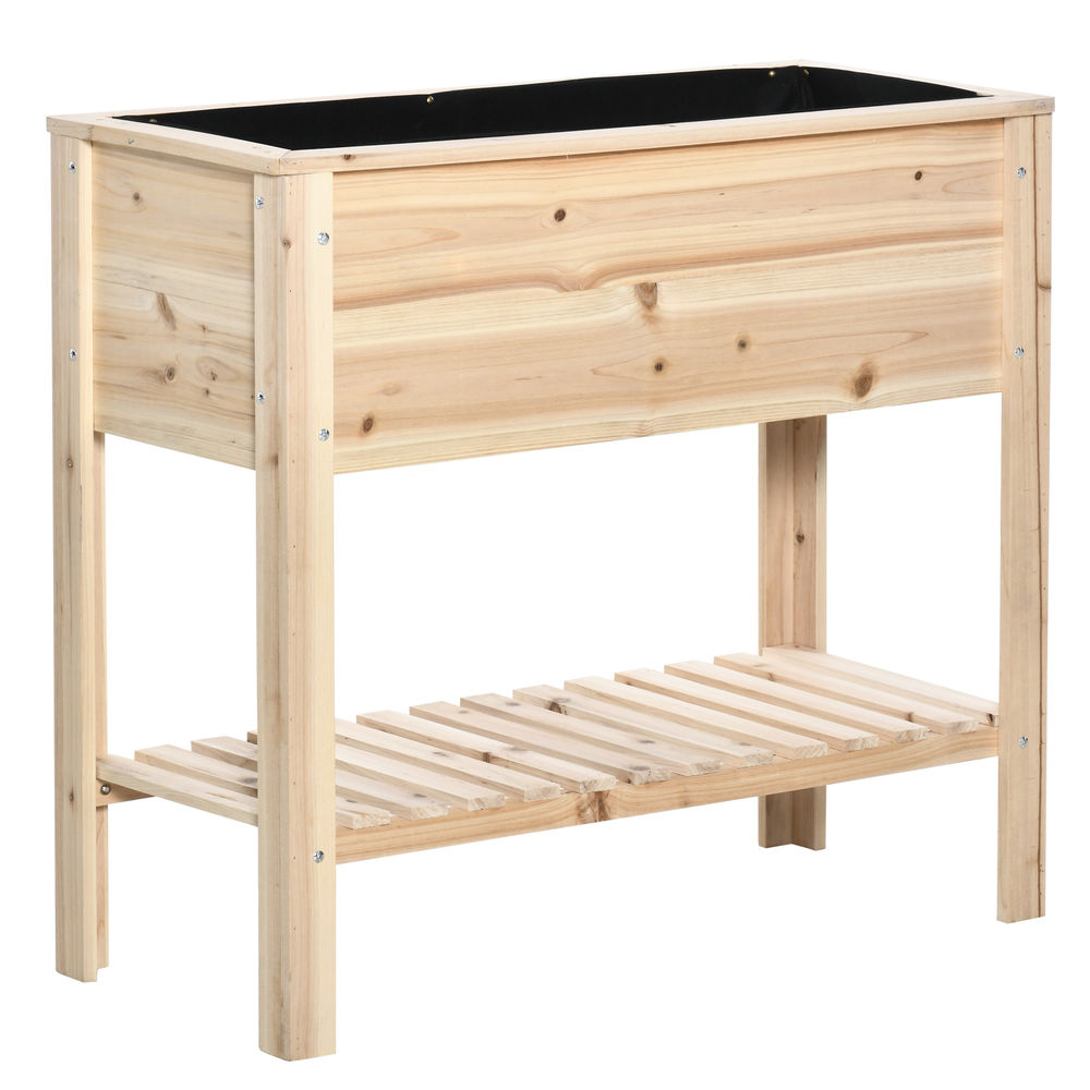 Outsunny horta urbana elevada com prateleira mesa de cultivo de madeira com tecido não tecido para plantas e flores jardim 90x40x81 cm natural