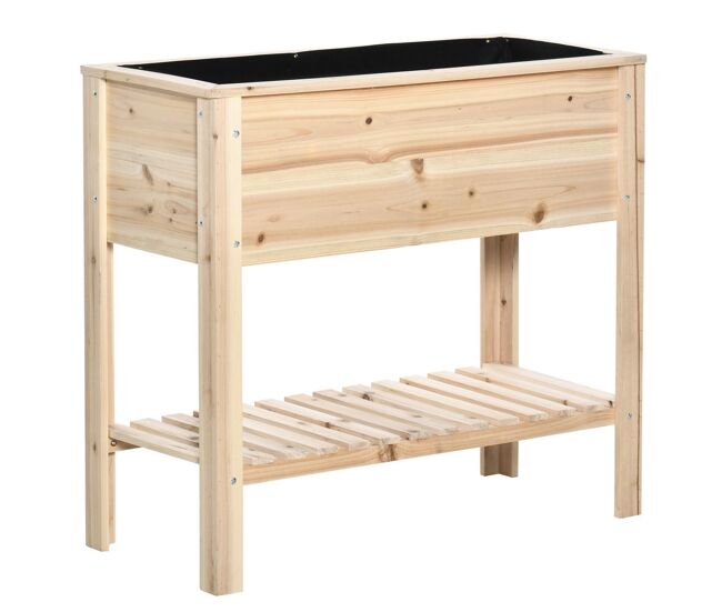 Outsunny horta urbana elevada com prateleira mesa de cultivo de madeira com tecido não tecido para plantas e flores jardim 90x40x81 cm natural