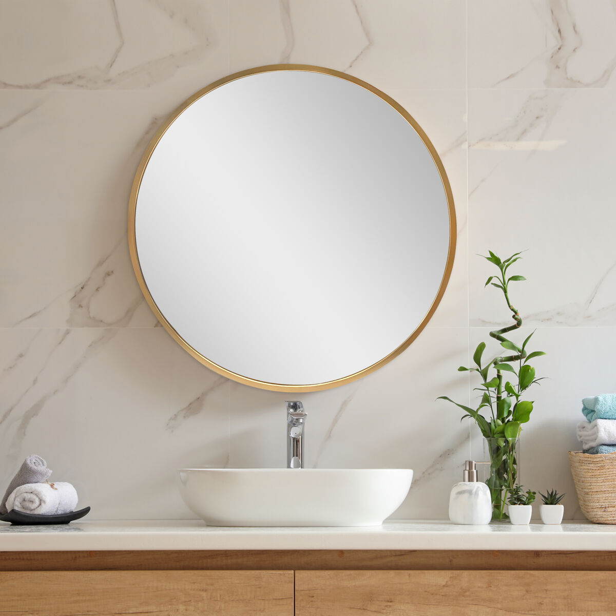 Espelho de parede para casa de banho modugno alumínio redondo ø 50 cm dourado [en.casa].