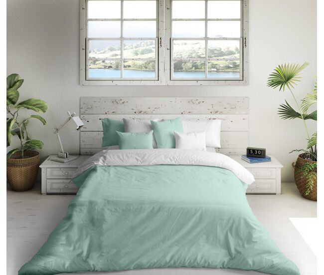Capa de edredão reversível bicolor verde 702 / cama branca 150