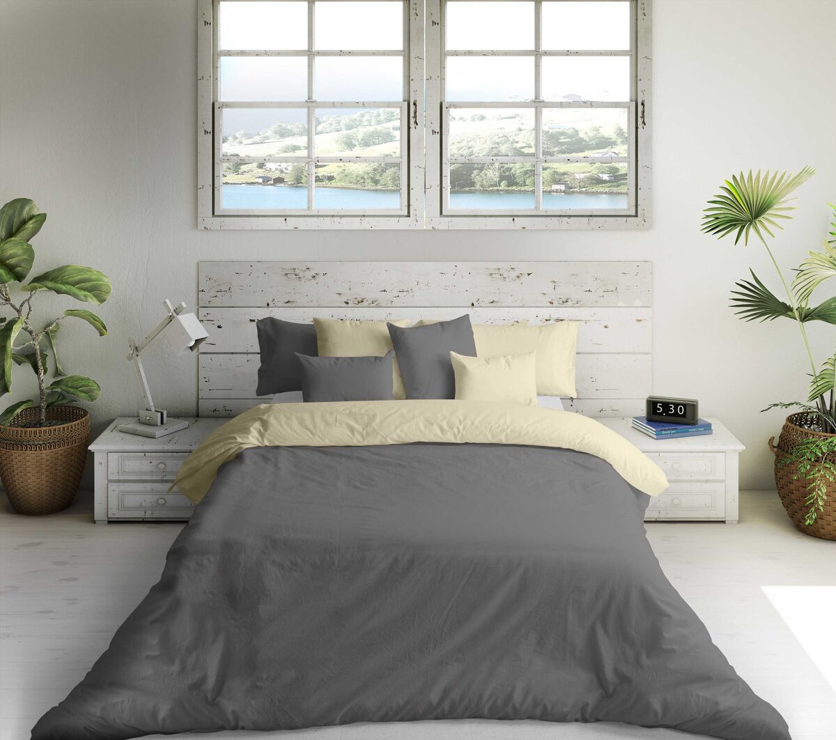Capa de edredão reversível bicolor ftr 6 bege / cinzento 7 cama 90