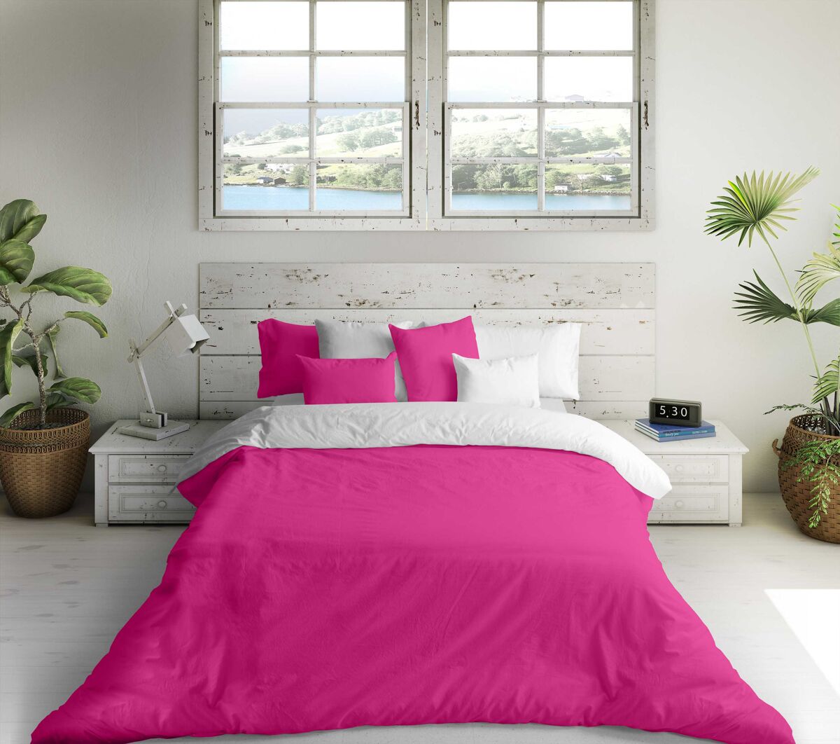 Capa de edredão reversível bicolor fúcsia 43 / cama branca 135
