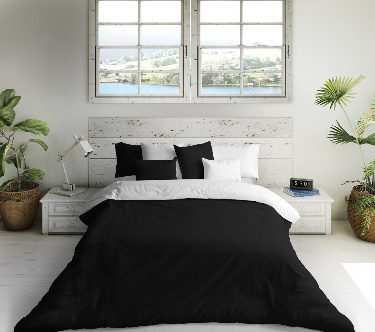 Capa de edredão bicolor reversível branco / preto cama 150