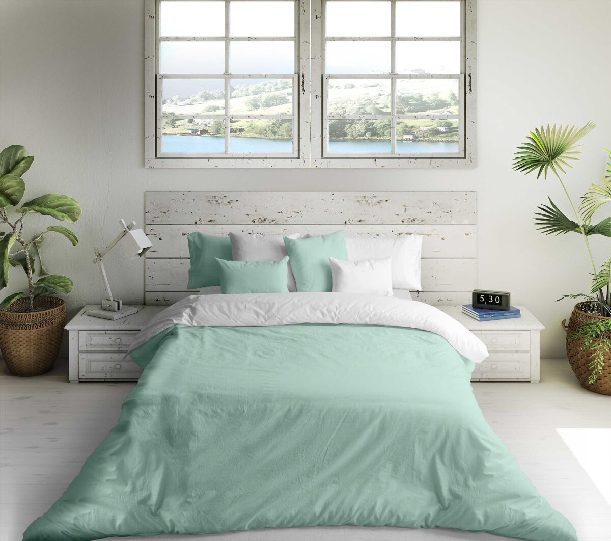 Capa de edredão reversível bicolor verde 702 / cama branca 180