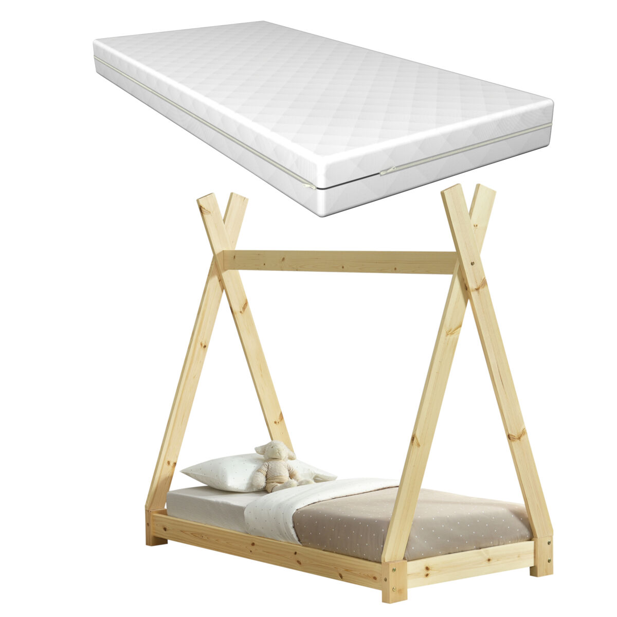 Cama de criança onejda com colchão pinho natural e 70 x 140 cm [en.casa] [neu.haus].