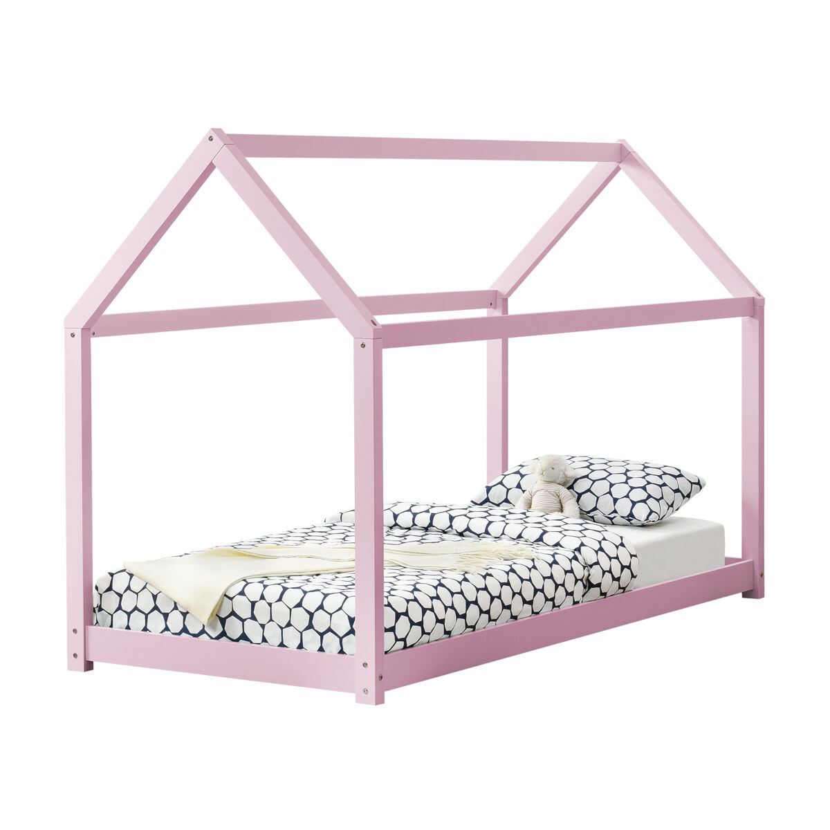 Cama de criança netstal em madeira de pinho forma de casa - (cxlxa) 206x98x142 cm - lacado rosa mate [en.casa].
