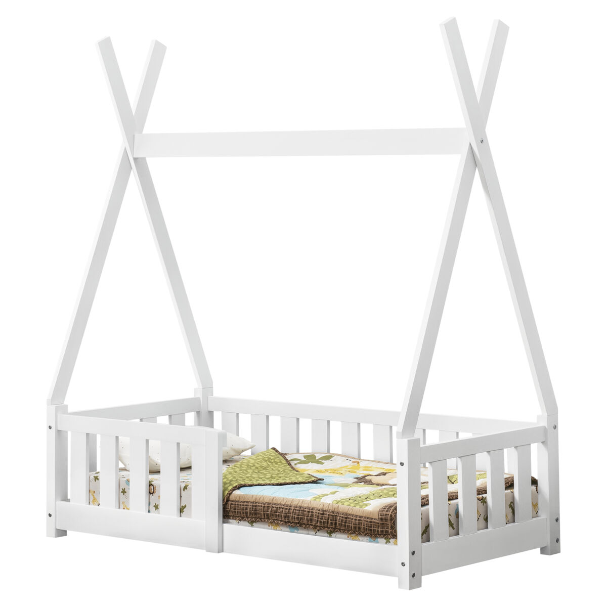 Cama de criança helsingborg com grelha de segurança - estrutura tepee - pinho 140x70 cm - branco mate [en.casa].